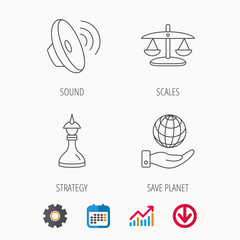 Strategy, sound and scales of justice icons.
