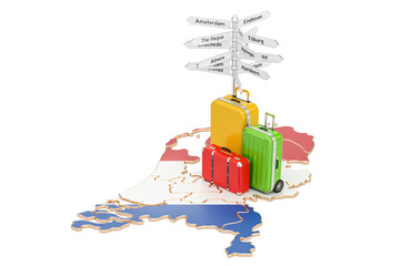 Netherlands travel concept. Holland map with suitcases and signpost, 3D rendering