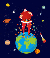 Big Santa Claus on Earth. Christmas on planet. Big red bag and many gifts. Xmas Vector Illustration