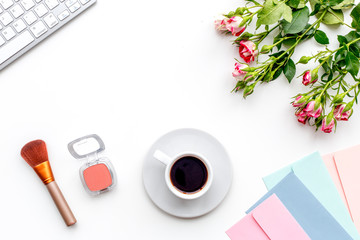 woman work desk with keyboadr and pestals white background yop view mock up