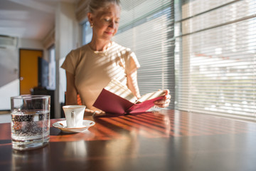 Portrait of an attractive mature woman with gray hair sitting at a table in her home reading a book