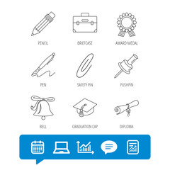 Graduation cap, pencil and diploma icons.