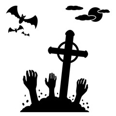 Halloween concept, zombie hands rising out from the ground on cemetery