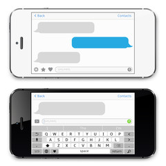 Smartphone black and white, chatting sms app template speech bubbles