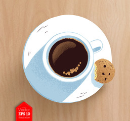 Top view illustration of coffee cup with and cookie