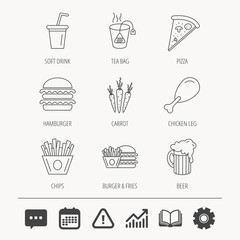 Hamburger, pizza and soft drink icons. Beer.