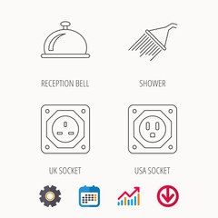 Shower, UK socket and USA socket icons.