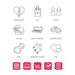 Love heart, gift box and wedding rings icons.
