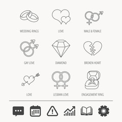 Love heart, gift box and wedding ring icons.