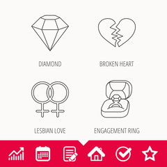 Broken heart, diamond and engagement ring icons.