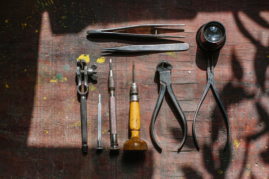 watchmaker working tools  on the desk