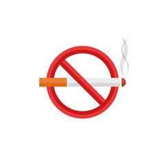 Cigarette crossed in the red circle flat warning vector sign on white background
