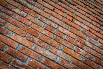 Red brick wall texture grunge background with HDR effect in perspective view. Selective focus