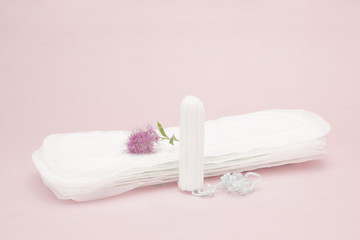 Fototapeta na wymiar Pink flower, menstrual sanitary tampon and pads. Woman critical days, gynecological menstruation cycle. Menstruation sanitary woman hygiene for blood period. Hygienic conceptual photo.