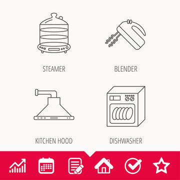 Dishwasher, kitchen hood and mixer icons.