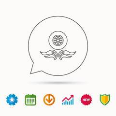 Car wheel icon. Fire flame symbol.