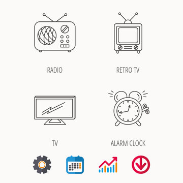 TV, retro radio and alarm clock icons.