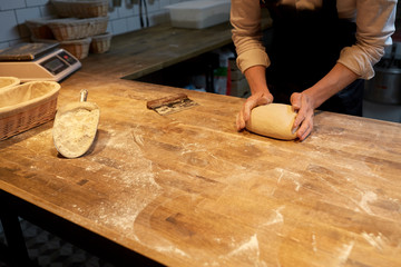 baker making bread dough at bakery kitchen