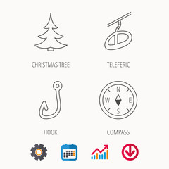 Fishing hook, teleferic and compass icons.