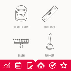 Level tool, plunger and brush tool icons.