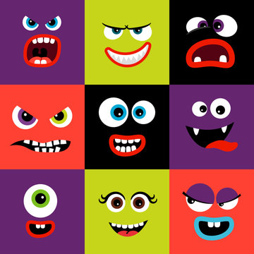 Colorful monster faces set