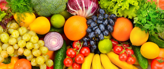 Big collection of fruits and vegetables isolated on white background.