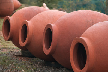 Georgian traditional jugs kvevri for wine, outdoor