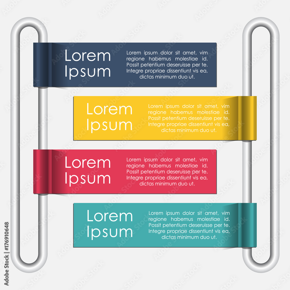 Poster colorful flag banner style 4 step infographic chart with chrome handle. illustration of a modern sty