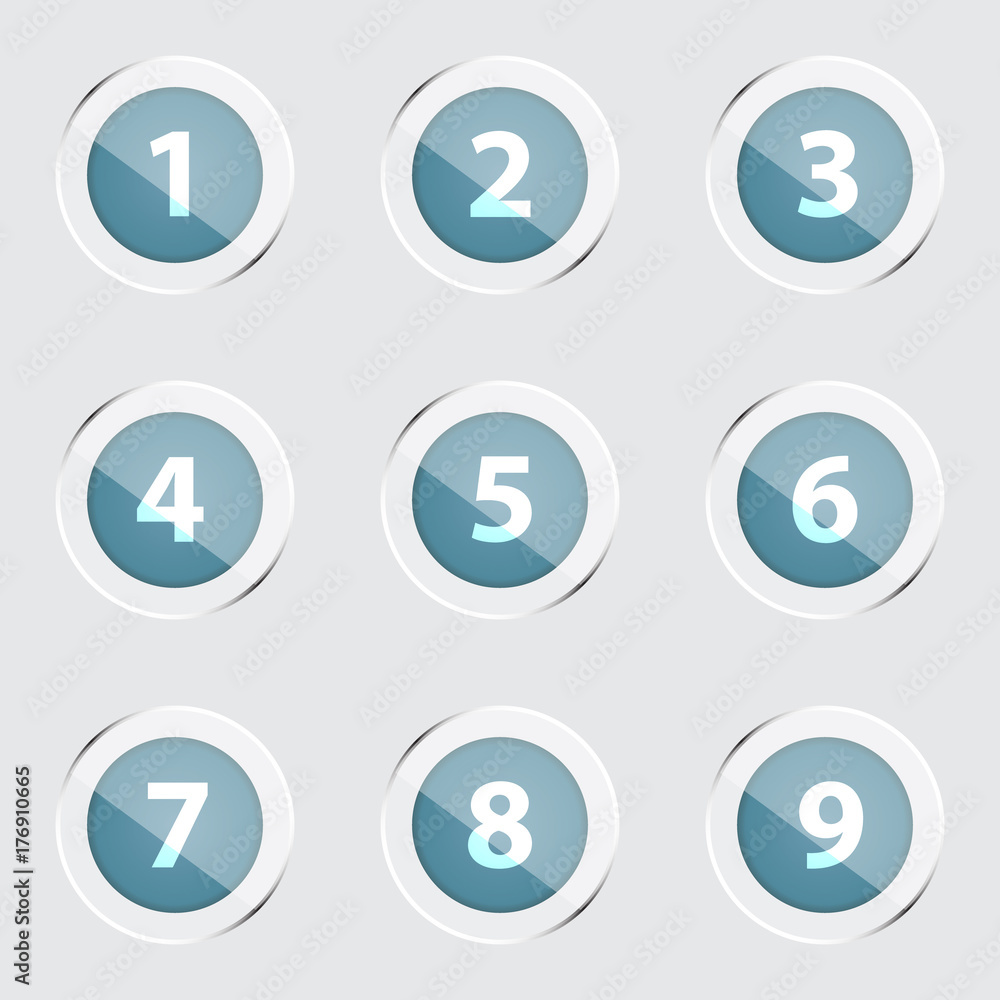 Poster collection of shiny and glossy buttons with numbers and silver rings. illustration of number icons o