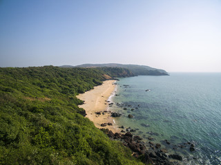 Beauty Xandrem beach aerial view landscape, Goa touristic state in India
