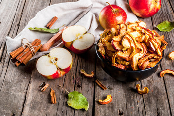 Homemade sun-dried organic apple slices, crispy apple chips, on an old rustic wooden table with fresh apple and cinnamon. Copy space