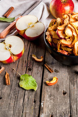Homemade sun-dried organic apple slices, crispy apple chips, on an old rustic wooden table with fresh apple and cinnamon. Copy space