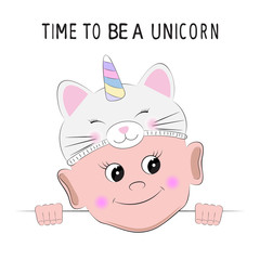 Cute Cartoon boy in a kitten unicorn hat on white background.
