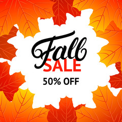 Fototapeta na wymiar Fall sale design template with hand written lettering for poster, card, label, banner.