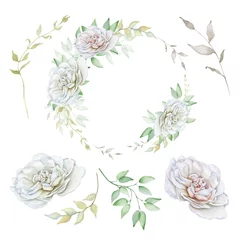 Foto op Plexiglas Hand drawn watercolor set with delicate white roses, wreath and branches. DIY elements © evakaterina