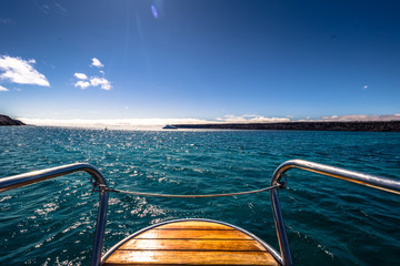 Galapagos Islands - August 24, 2017: Boat near Plaza Sur island, Galapagos Islands, Ecuador