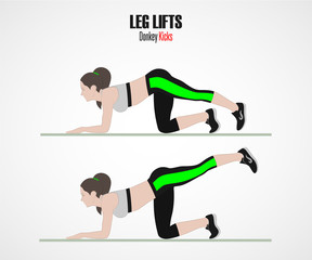 Leg lifts. Donkey kicks. Sport exercises. Exercises with free weight. Illustration of an active lifestyle. Vector sketch.