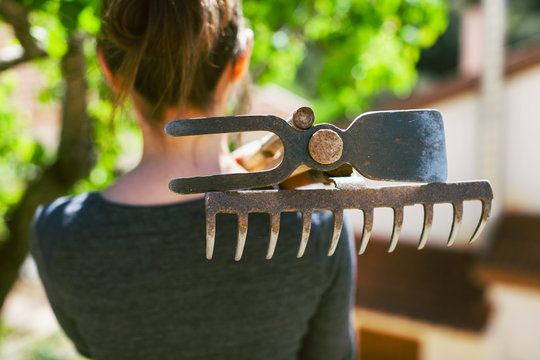 Back view of a woman holding a garden tools.