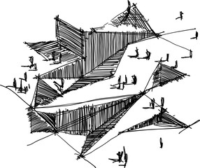 hand drawn architectural sketch of a modern abstract architecture