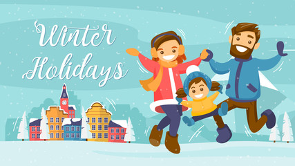 Christmas and New Year inspired winter Holiday card with small town next to Mountain landscape and jumping happy family. Vector flat design family Holiday weekend illustration for poster, card, banner