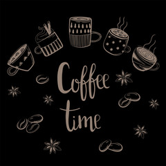 Set of coffee cups. Coffee time text