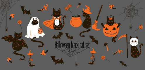 Halloween black cats. Trick or treat objects