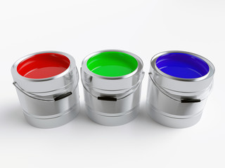 Colurful paint buckets on white background - 3D Rendering