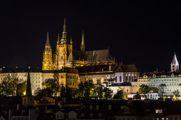 Fototapeta na wymiar Prague castle complex with st Vitus cathedral at night. Traditional view on the Prague castle illuminated by lights.Prague. Hradcany. Czech Republic