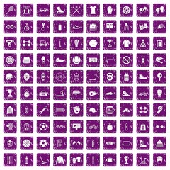 100 sport accessories icons set grunge purple