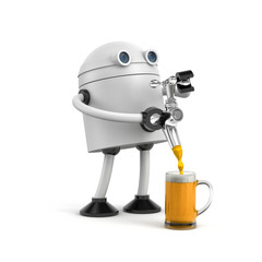 Robot barman pours beer from the tap beer. Bartender pouring the fresh beer in pub. 3d illustration