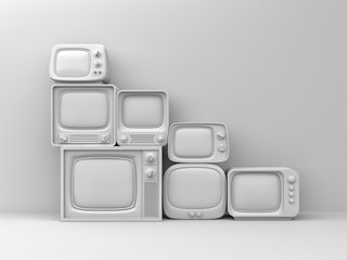 Pile of retro TV - white toned. 3d illustration