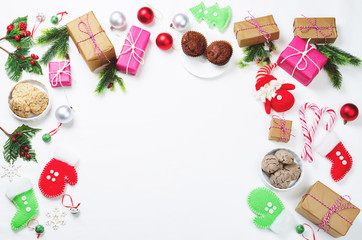 Christmas background with gifts, cookies, Christmas decoration
