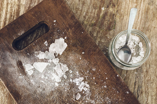 White crystals of rock sugar on the table