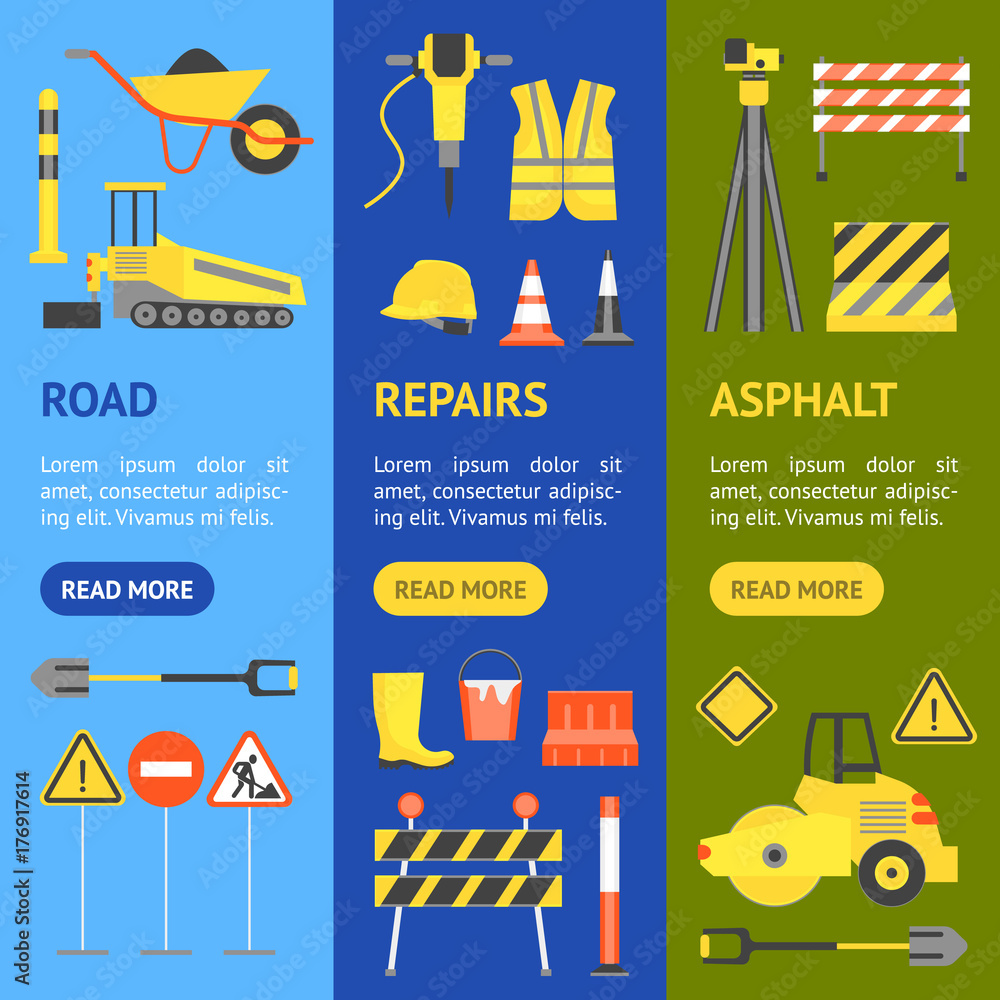 Poster Cartoon Road Construction Banner Vecrtical Set. Vector